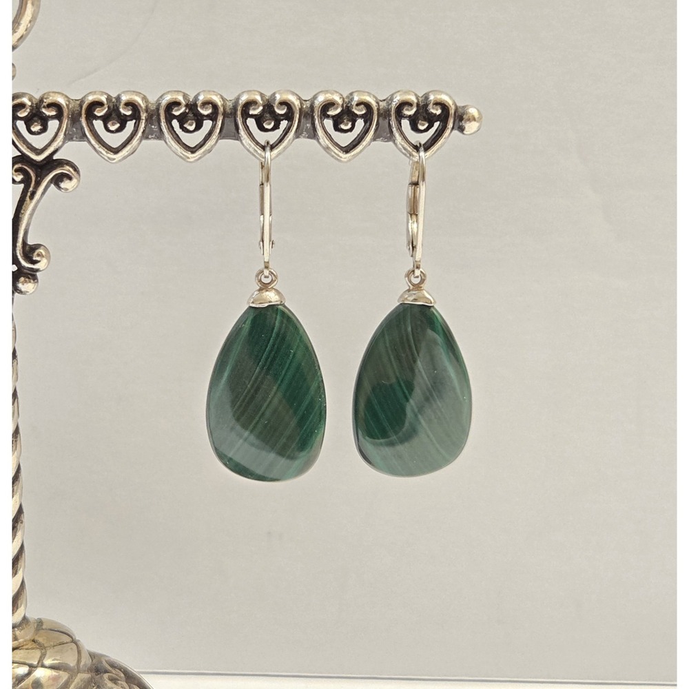 Sterling Silver Genuine Malachite Teardrop Leverback Dangle‎ Earrings